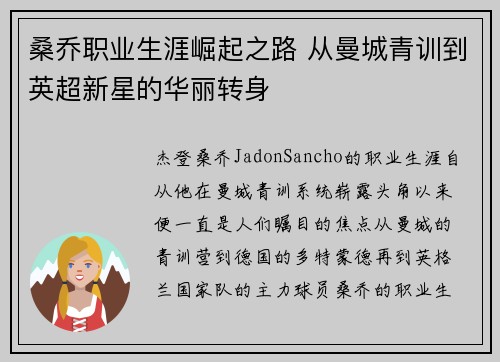 桑乔职业生涯崛起之路 从曼城青训到英超新星的华丽转身 桑乔职业生涯崛起之路 从曼城青训到英超新星的华丽转身